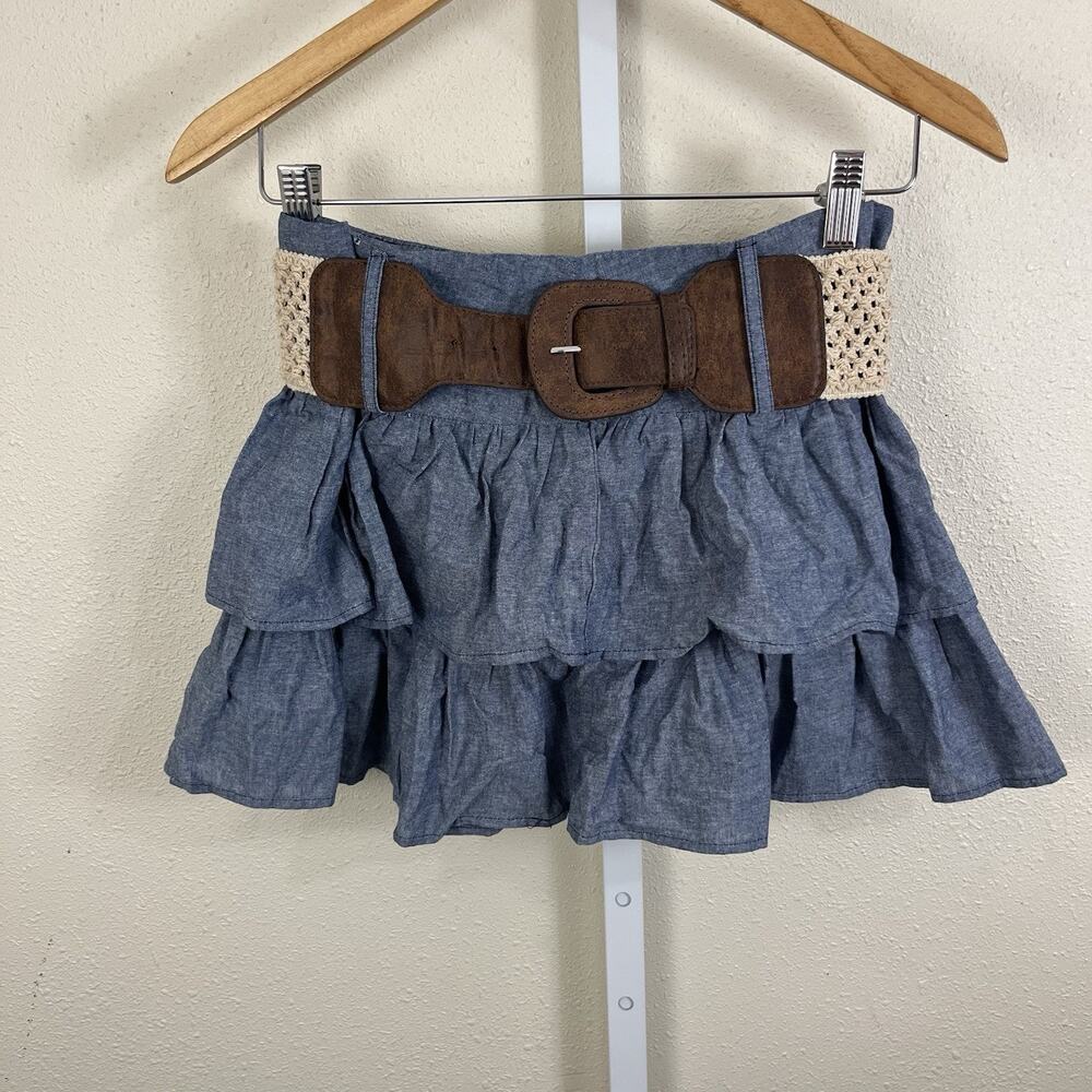 My Love A&G Vintage Y2K Chambray Tiered Ruffle Mini Skirt Womens M Belted Blue